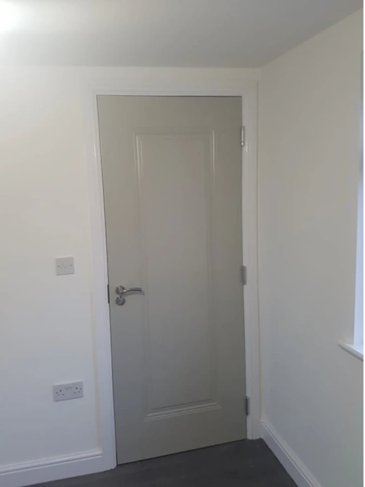 White interior door with metal handle in a minimalist room with white walls and dark flooring