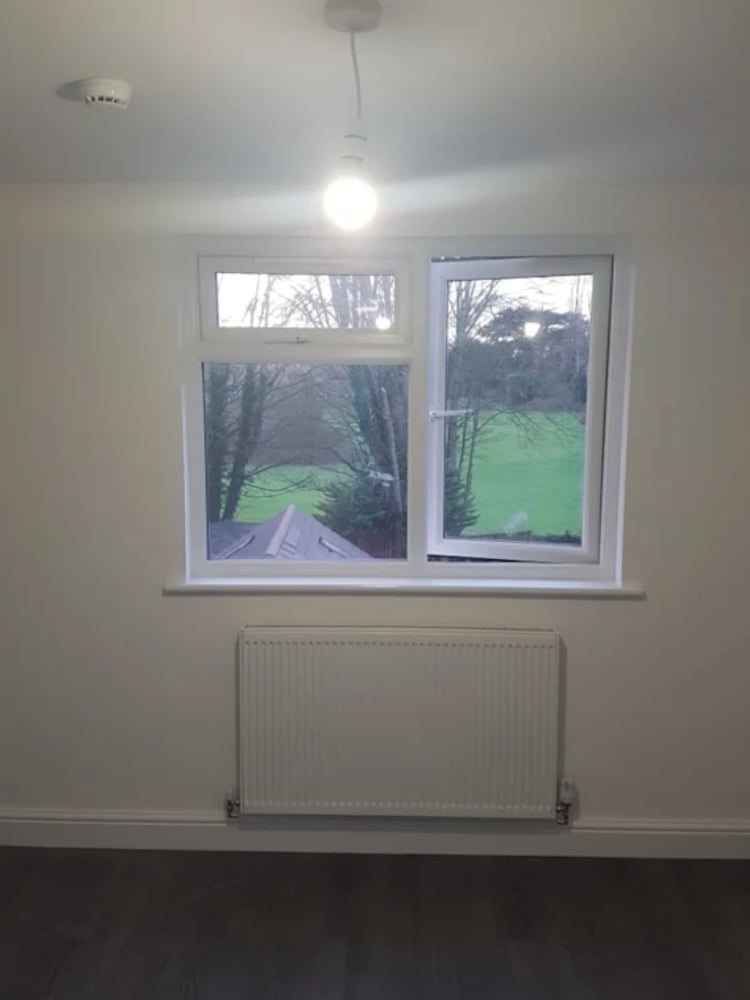 Interior room with white double-pane window showing green field and bare trees outside, white radiator heater below, and ceiling light fixture above